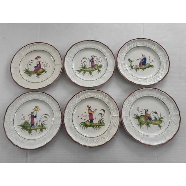 Ceramic Set of Six Vintage Chinoiserie Hand Painted Plates For Sale - Image 7 of 9