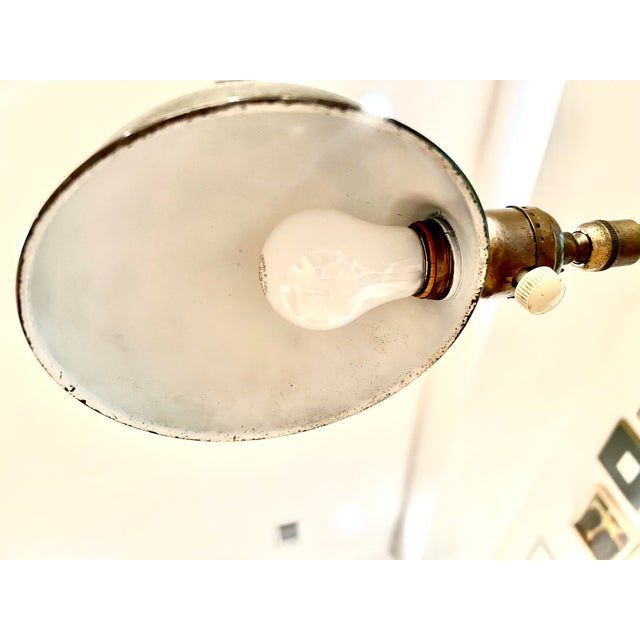 Mid-Century Modern Vintage Patinated Brass Adjustable Dome Floor Pharmacy Lamp With White Enamel Interior Shade For Sale - Image 3 of 7
