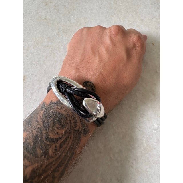 Contemporary Sterling Silver and Leather Strap Bracelet For Sale - Image 3 of 3