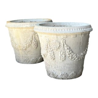 Vintage Cement Swag Embellished Planters - Pair For Sale