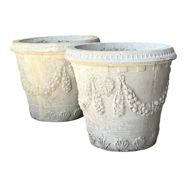 Vintage Cement Swag Embellished Planters - Pair For Sale