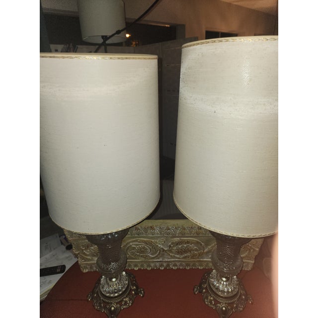1960s ​Pair of Vintage 1967 Hollywood Regency Pressed Glass & Ornate Brass Table Lamps For Sale - Image 5 of 9