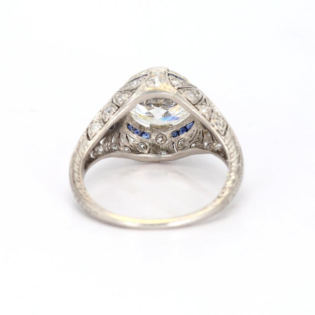 Antique Platinum Diamond & Blue Sapphire Ring - Size 5 For Sale - Image 4 of 6