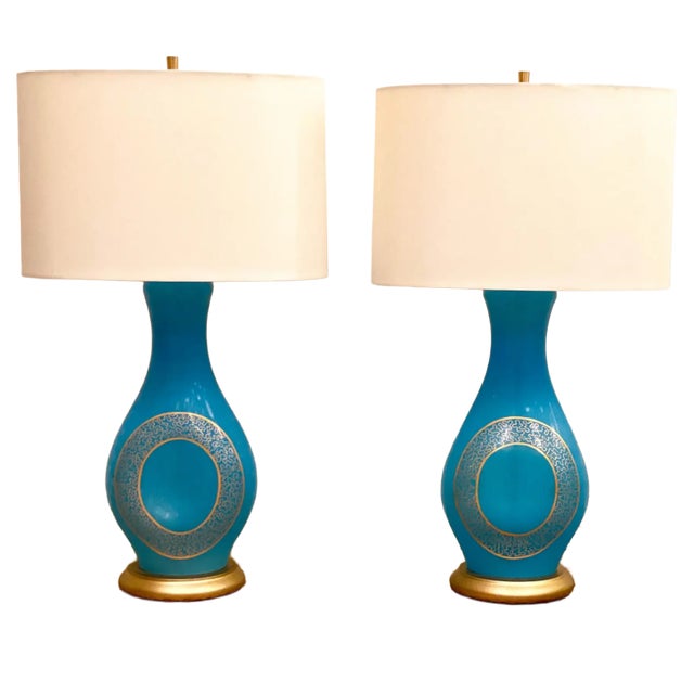 Vintage Mid 20th Century Aqua Murano Glass Lamps - a Pair For Sale - Image 9 of 9