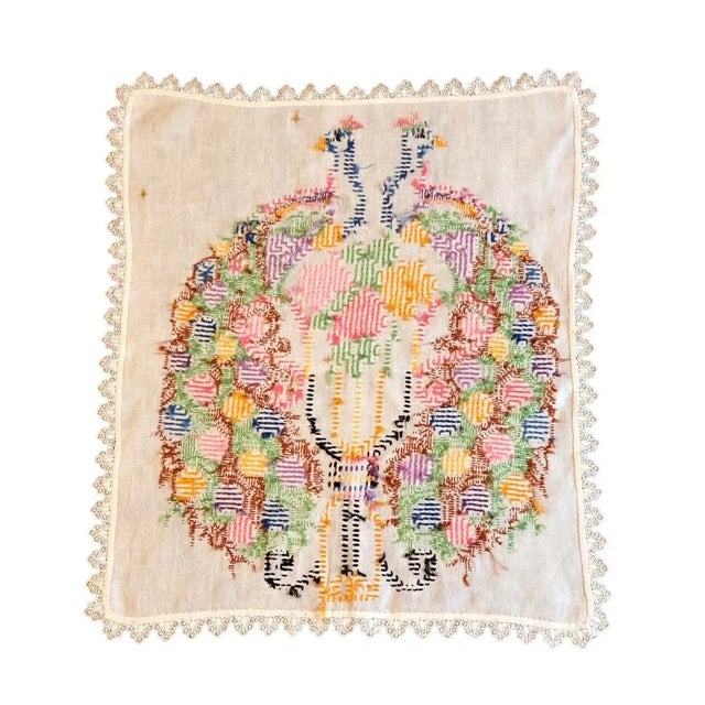 Vintage Peacock Embroidered Tapestry Art Cloth Panel For Sale - Image 4 of 10