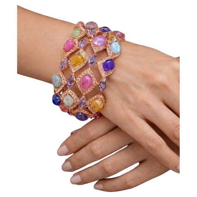Late 20th Century Bochic “Capri” Vintage Ruby & Multi Sapphire Bangle Set In 18K Gold & Silver For Sale - Image 5 of 10
