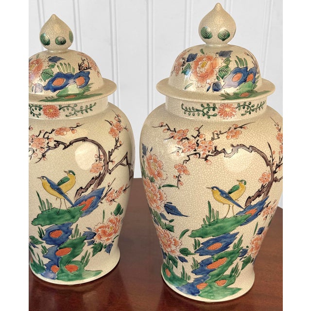 Ceramic Vintage 16" Chinese Chinoiserie Porcelain Cherry Blossom & Bird Urn - A Pair For Sale - Image 7 of 11