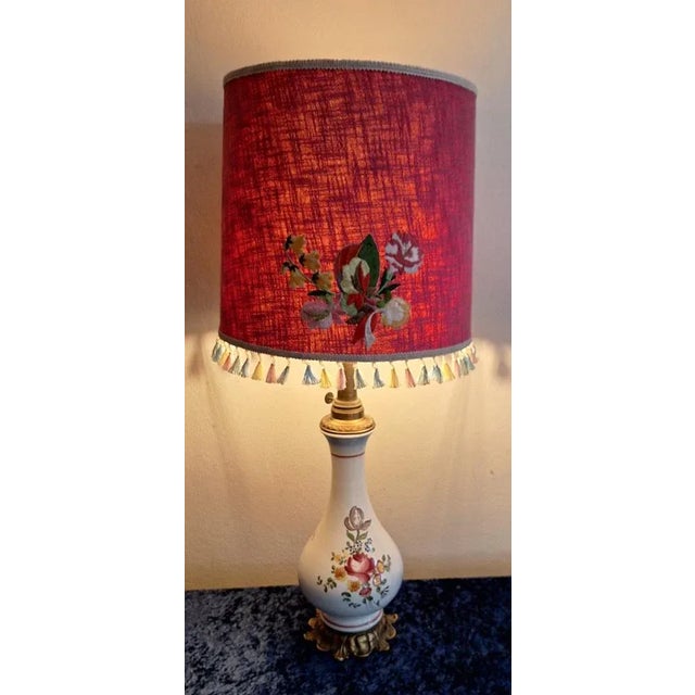 Vintage White Ceramic and Bronze Table Lamp with Colored Flower Decor and Handmade Fabric Shade, 1980s For Sale - Image 9 of 9