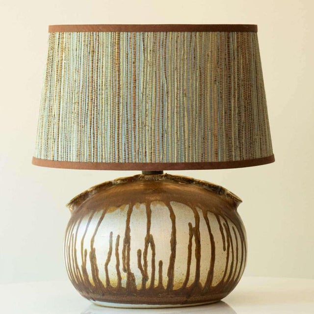 Green and Brown Ceramic Table Lamp with Silk Lampshades attributed to R. Houben, 1970 For Sale - Image 4 of 10