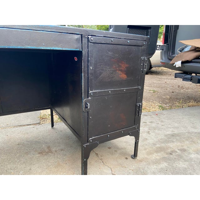 Restoration Hardware 1900’s French Industrial Metal Tool Chest Desk With Patina For Sale - Image 11 of 12
