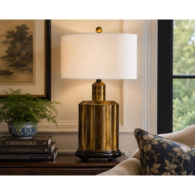 Chinoiserie Large Vintage Brass Chinoiserie Lamp With Linen Drum Shade For Sale - Image 3 of 4