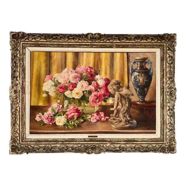 Solange Devienne, Still Life with Roses and Vase, 20th Century, Oil Painting on Canvas, Framed For Sale