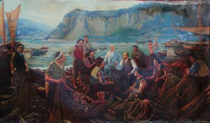 Lenin & Fishermen, Soviet Oil Painting, 1960s Ukrainian Art 133-228