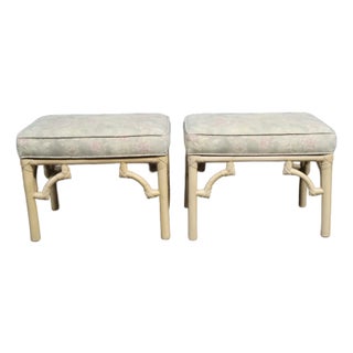 Pair of Bamboo Footstools With Floral Upholstery For Sale