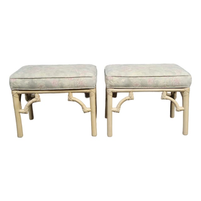Pair of Bamboo Footstools With Floral Upholstery For Sale