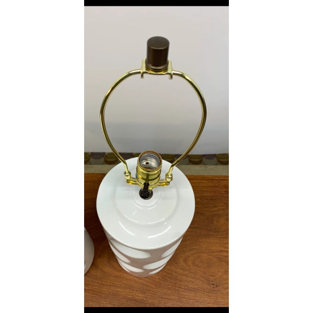 Ceramic Pair of Mid 20th Century Swiss Cheese Style White Ceramic Table Lamps For Sale - Image 7 of 17