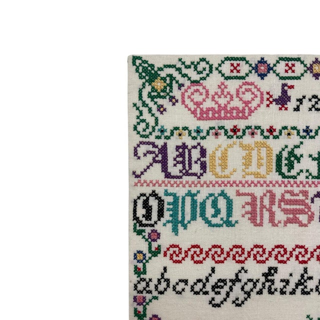 Vintage Hand-Stitched Cross Stitch Alphabet Sampler Needlework Folk Art Textile For Sale - Image 4 of 10