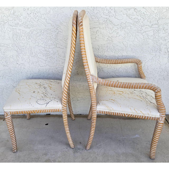 Coastal Coastal Carved Faux Rope Solid Wood Dining Chairs Abstract Upholstery Set of 6 For Sale - Image 3 of 18