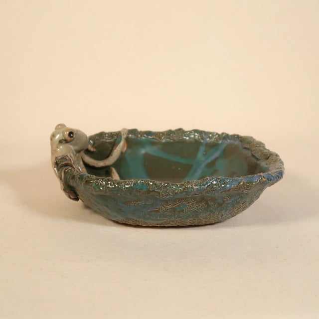 Signed Sculptural Studio Pottery Hand-Formed Octopus Ceramic Bowl Ocean-Inspired Dish With Teal Blue Textured Glaze For Sale - Image 9 of 12