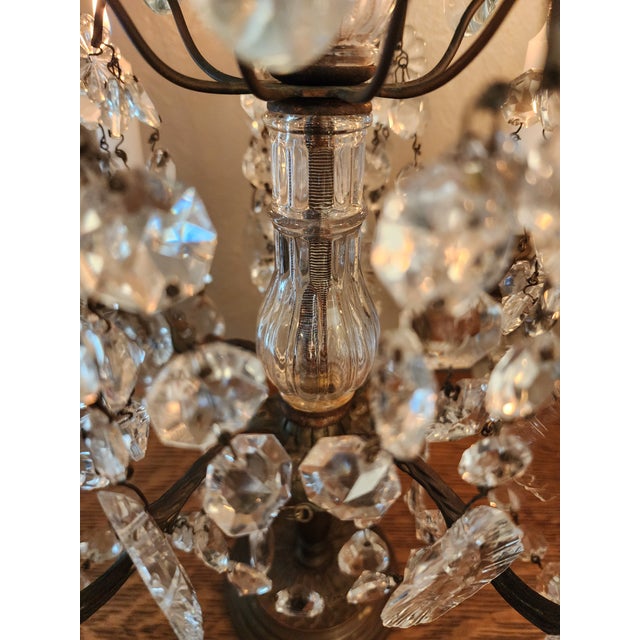 Exquisite Pair of Vintage Crystal Girandole Candelabra 5 Light Mantel Garnitures For Sale - Image 18 of 18