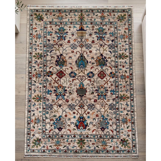 Vase Design Area Rug, Hand-Knotted Wool, Floral, 6x8, Ivory & Turquoise For Sale - Image 4 of 12