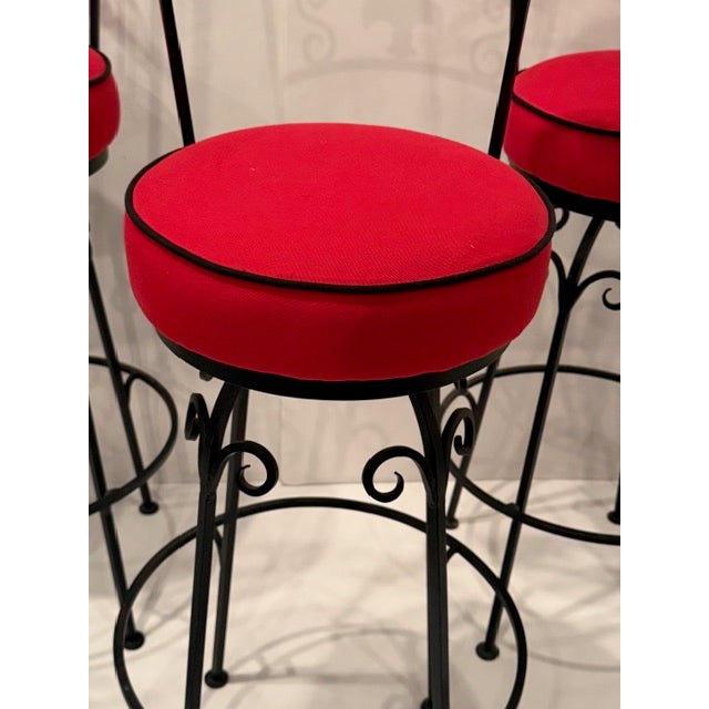 Hand Wrought Iron Fleur Di Lis Motif Bar Stools For Sale - Image 4 of 11