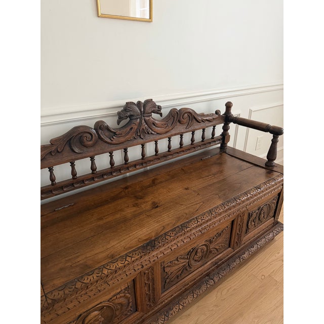 French Late 19th Century French Carved Oak Storage Bench / Coffre De Mariage For Sale - Image 3 of 9