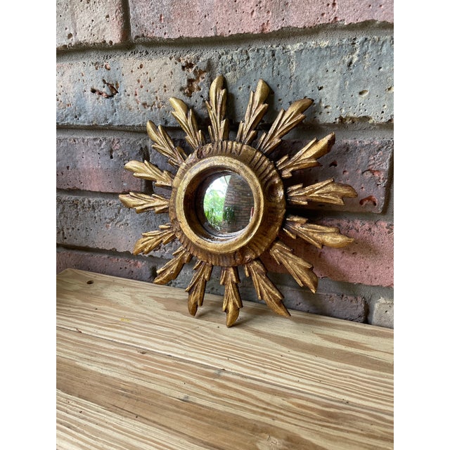 1940s French Petite 9.5" Giltwood Sunburst Convex Wall Mirror For Sale - Image 12 of 15
