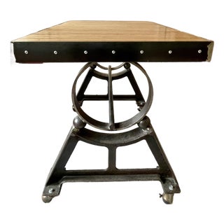 Reclaimed Bowling Alley Lane Industrial Desk With Sculptural Metal Base For Sale