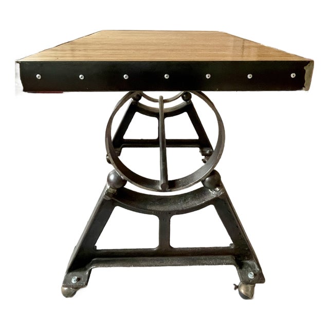Reclaimed Bowling Alley Lane Industrial Desk With Sculptural Metal Base For Sale
