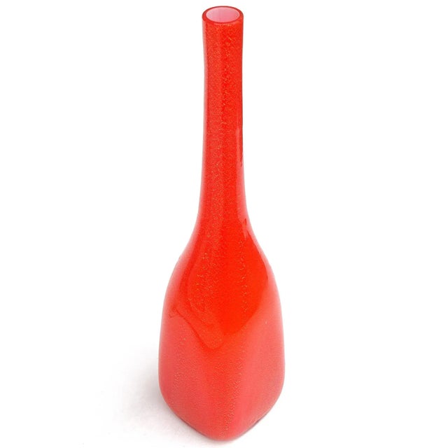 Mid-Century Modern Vintage Murano Fratelli Toso Red Orange Gold Flecks Italian Art Glass Squared Bottle Flower Vase For Sale - Image 3 of 9