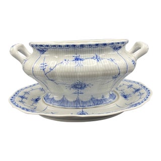 Vintage Mid-Century Modern Royal Copenhagen Blue Fjord Blue Fluted Oval Serving Bowl W Underplate For Sale