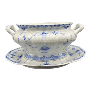 Vintage Mid-Century Modern Royal Copenhagen Blue Fjord Blue Fluted Oval Serving Bowl W Underplate
