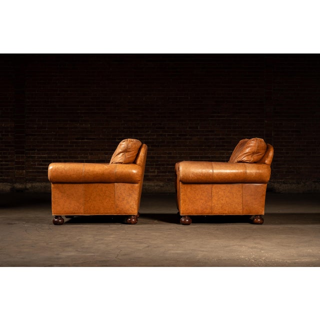 Late 20th Century Late 20th Century Pair of Rolled Arm Leather Club-Style Armchairs in Camel For Sale - Image 5 of 12