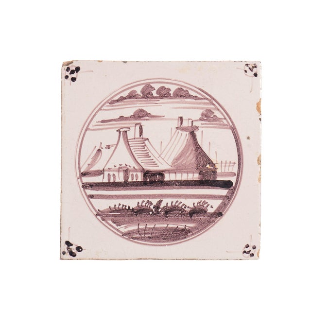 Set of 5 Mulberry Landscape Delft Faience Tiles, C. 1680-1720 For Sale - Image 10 of 15