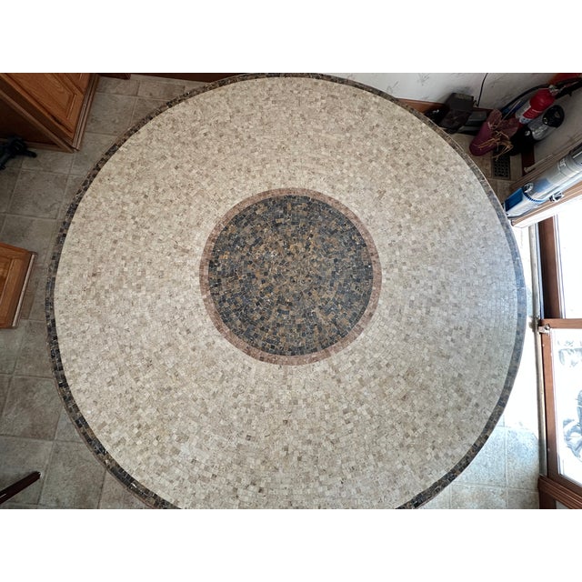 Arhaus Round Travertine Marble Mosaic Dining Room Table in Wrought Iron