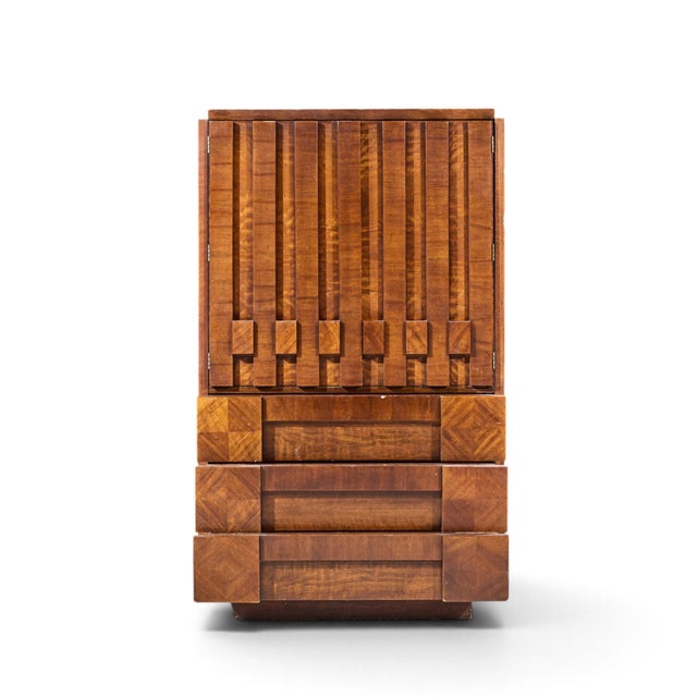 Lane Staccato Brutalist Mid Century Walnut Armoire Highboy Dresser For Sale - Image 10 of 11