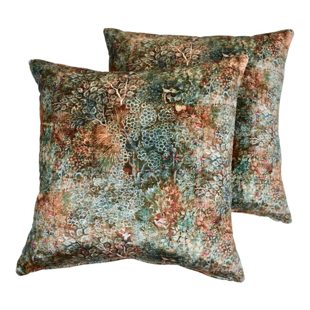 24" X 24" Custom Botanical Velvet Down Pillows, Pair For Sale