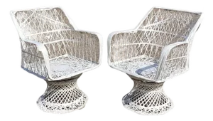 Vintage Russell Woodard Woven Spun Fiberglass Swivel Tilt Outdoor Chairs - Pair