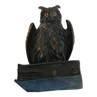 Original Bronze Owl Glass Eyes Sitting Atop a Book Austria Late 19th Century For Sale