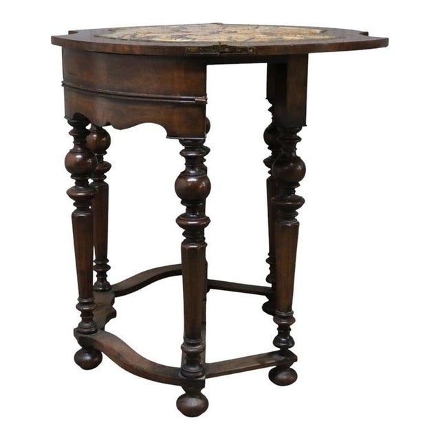 English Jacobean Walnut & Burl Petit Point Top Game Table With Tapestry C1810 For Sale - Image 9 of 16