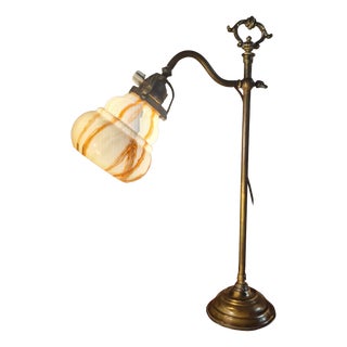 Vintage Adjustable Desk Lamp with Marbled Opaline Shade and Brass, 1920 For Sale