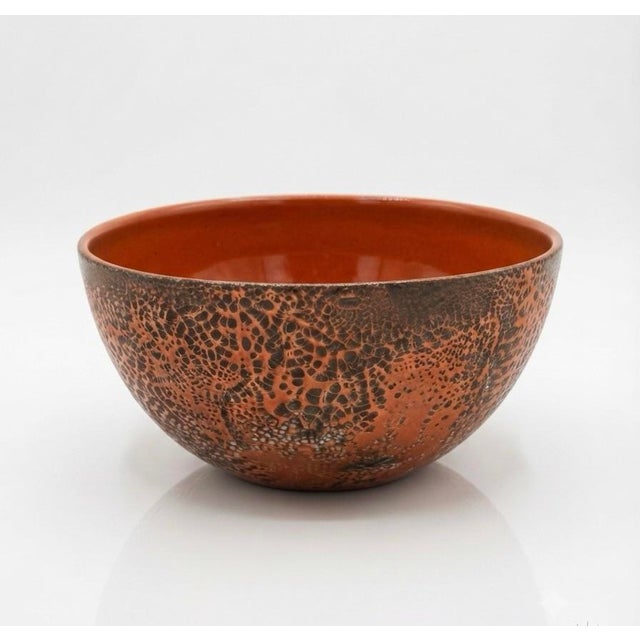 1960s Hanova of Pasadena Rare Enameled Steel "Lava" Bowl - Rust/Orange 3pc Set For Sale - Image 5 of 8