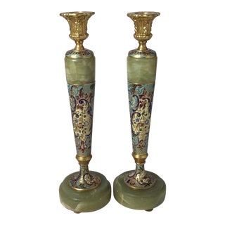 Early 20th Century Gilt Bronze, Champleve' & Onyx Candlesticks - A Pair For Sale