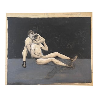 Framed Charcoal and Pencil Drawing of Two Wrestlers For Sale