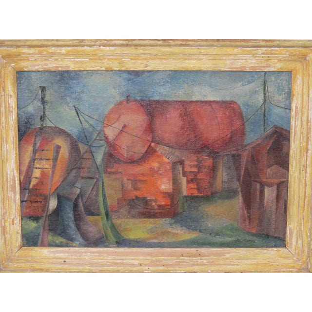 A WPA cubism styled industrial painting depicting an oil or water storage area painted on canvas . The painting is in it's...