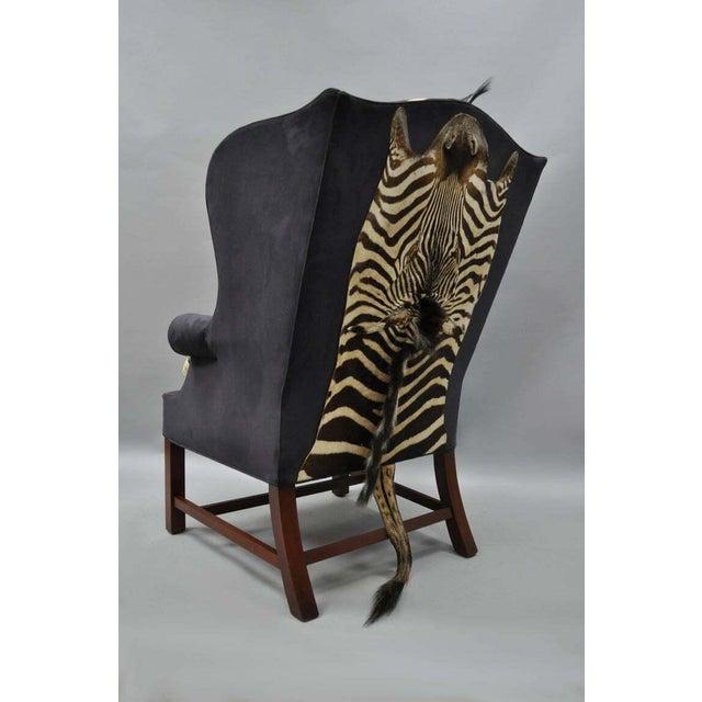 Vintage Mid Century Zebra Hide Blue Suede Mahogany English Georgian Style Wingback Library Chair Chairish