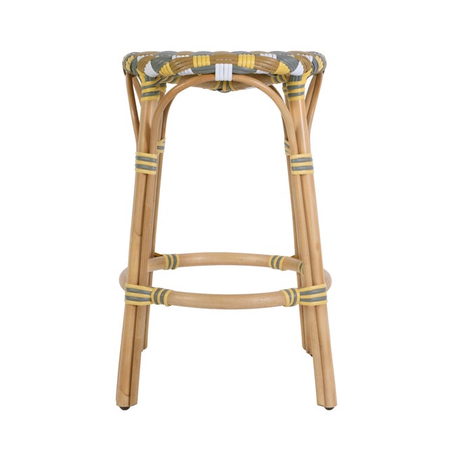 Ballito 24.5 in. Seat Height Oval Rattan Counter Stool with Footrest, French Yellow, Brown, Gray & White For Sale In Chicago - Image 6 of 8