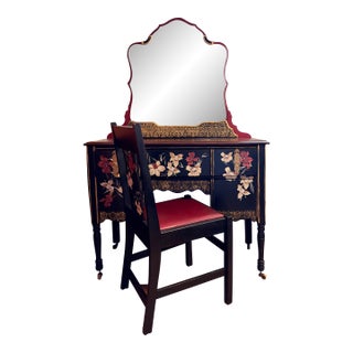 Early 20th Century Chinoiserie Vanity Ser With Mirror and Chair For Sale