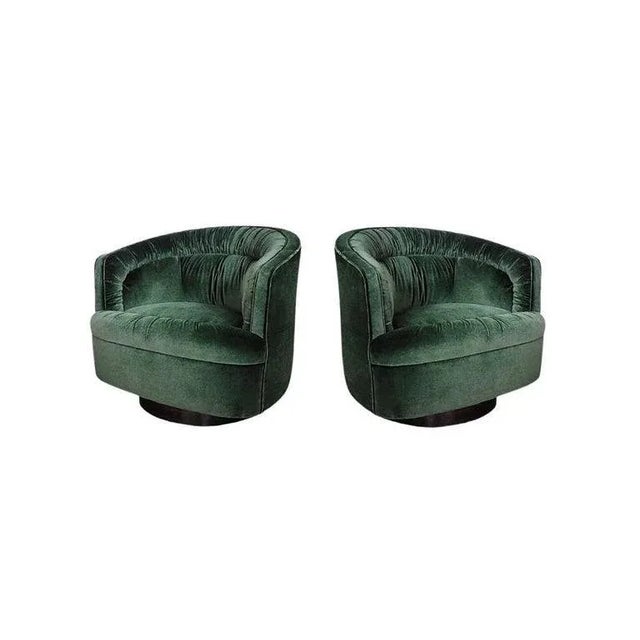 Brown 1970s Green Velvet Swivel Chairs in the Style of Milo Baughman - A Pair For Sale - Image 8 of 9